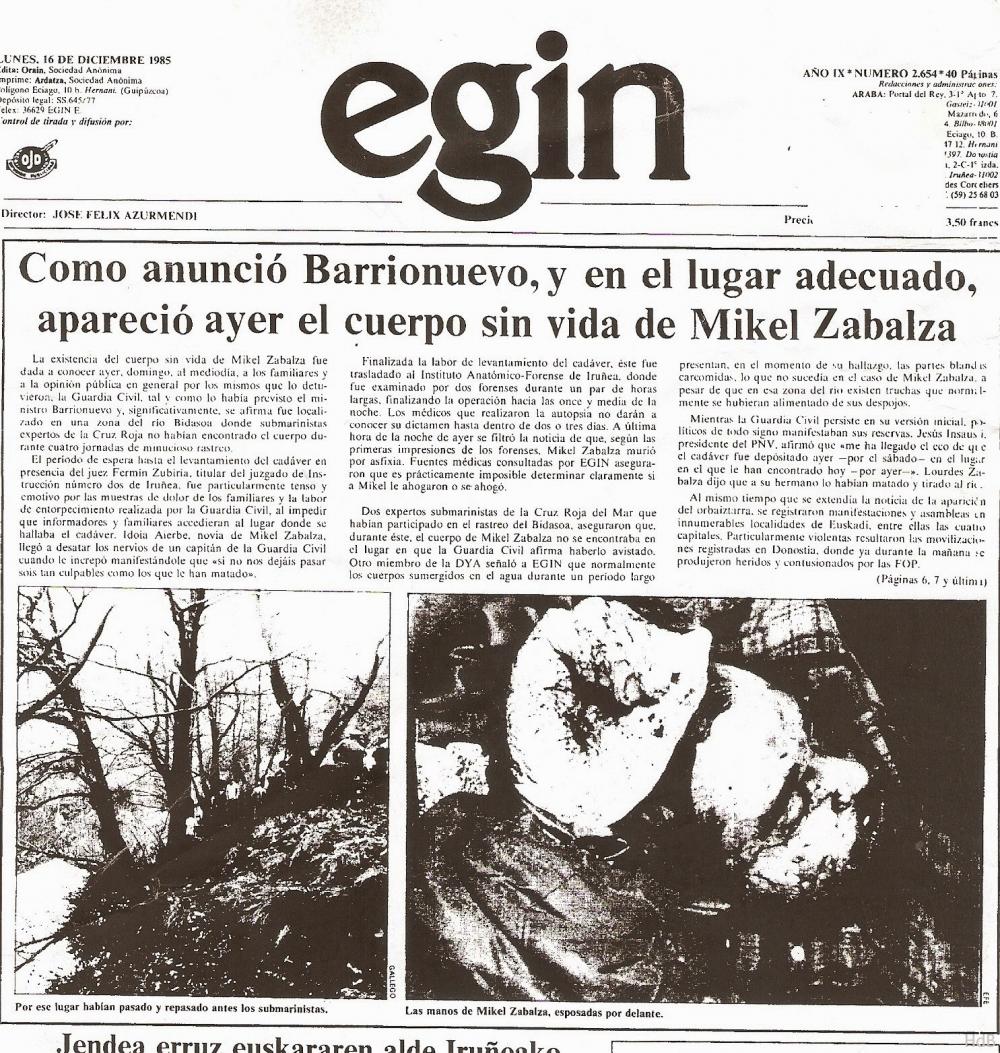 Portada de Egin el día que aparece Mikel Zabalza.